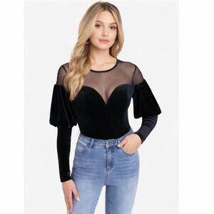 Bebe Black Velvet Sheer Mesh Puff Sleeve Sweetheart Neck M Witchy Coquette NWT